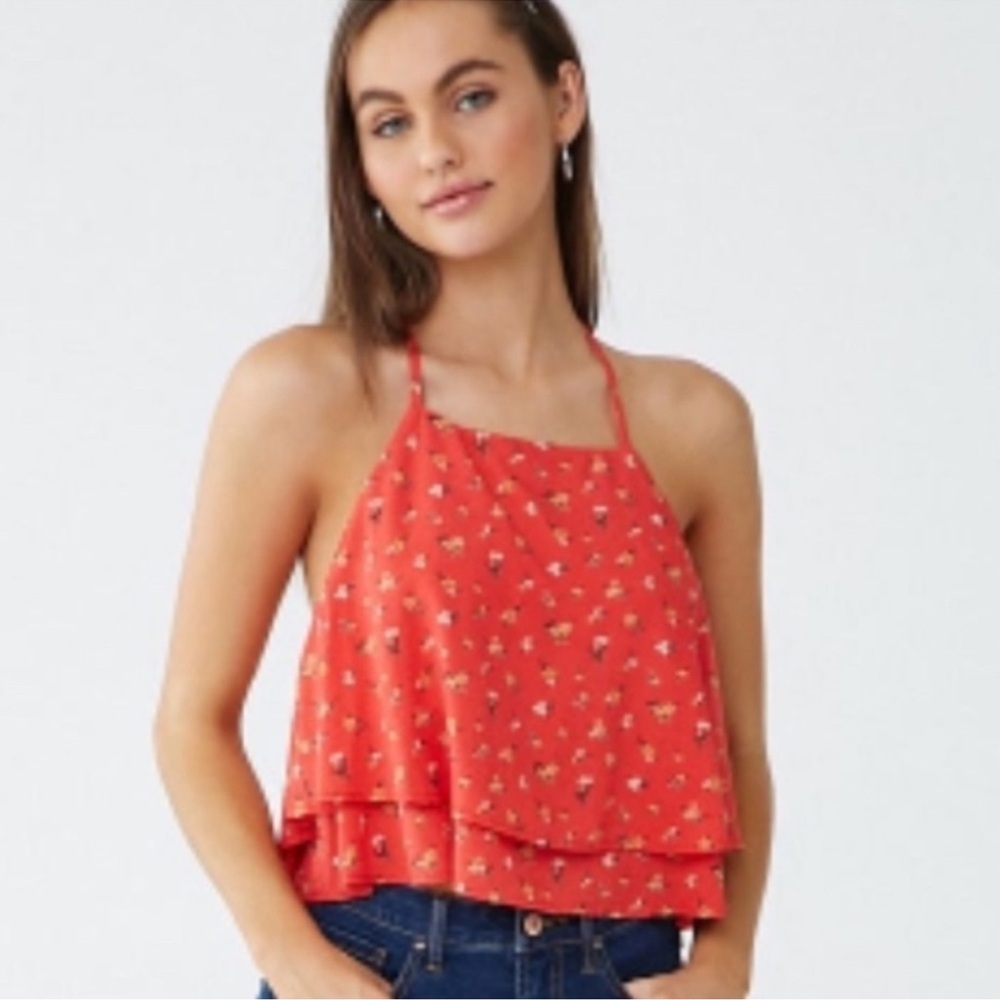 Forever 21 Red Ditsy Floral Strappy Back Cami Tank Top NWT Medium